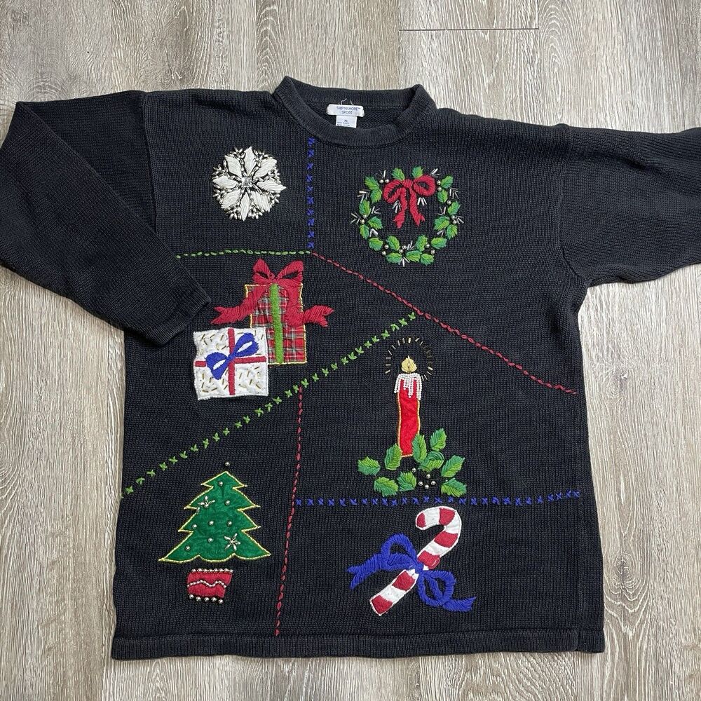 Ship N Shore Sport Vintage Christmas Sweater Womens XL Knit Crewneck Beaded